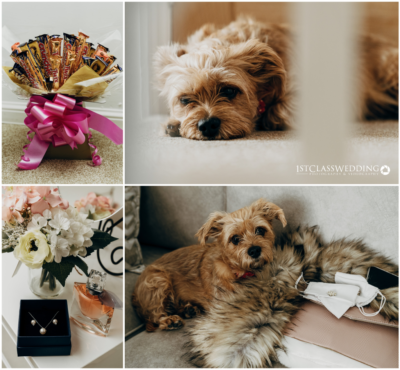 Bouquet of chocolates, resting Yorkshire Terrier, wedding details.