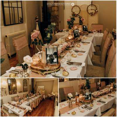 Elegant wedding reception table setting with floral decor.