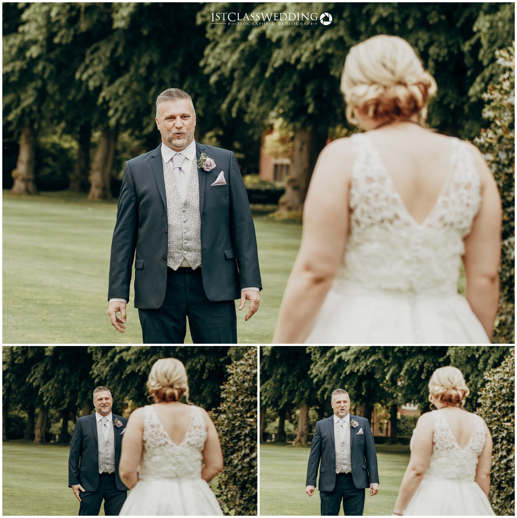 Bride and Groom enjoying a first look before their wedding. ceremony. Captured by us at Dunchurch Park
