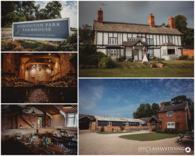 Collage of Donington Park Farmhouse Hotel and wedding venue.