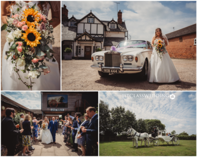 Bride, bouquet, vintage car, guests, horse-drawn carriage at wedding.