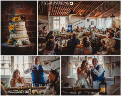 Wedding celebration with cake and toasts in rustic venue.