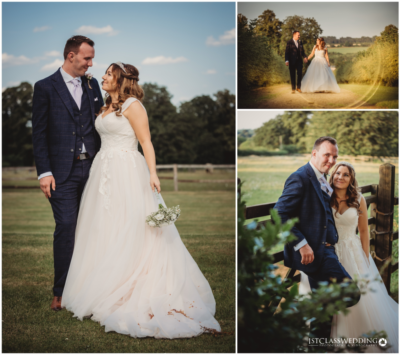 Couple in wedding attire outdoor countryside setting.