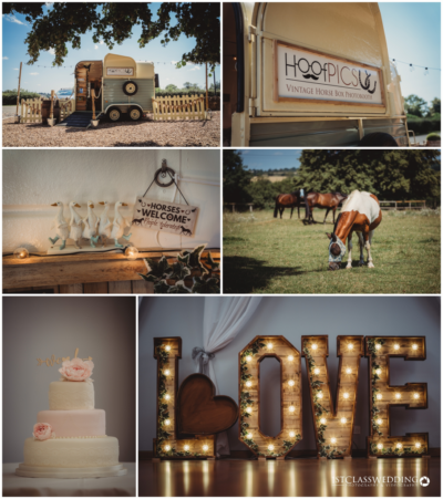 Rustic wedding details: photobooth caravan, horses, cake, decor.