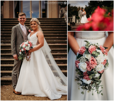 Wedding couple and bouquet at historic venue.