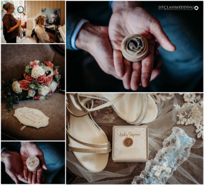 Collage of wedding accessories and preparations.