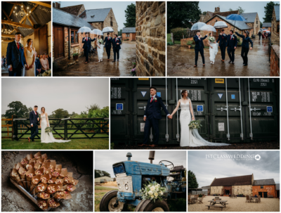 Rustic wedding collage with bride, groom and umbrellas.