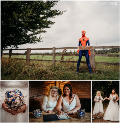 Unique wedding collage with countryside, Spider-Man, and brides.