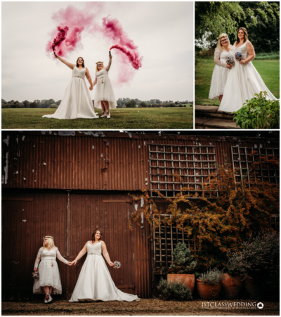 Brides with smoke bombs and rustic backdrop wedding photos.