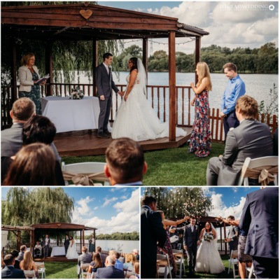 Outdoor lakeside wedding ceremony in summertime.