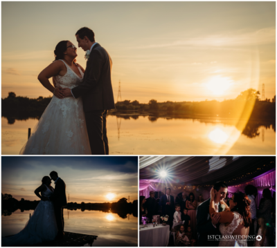 Couple's sunset wedding photoshoot and reception dance.
