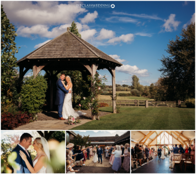 Rustic wedding venue with happy couple outdoors.