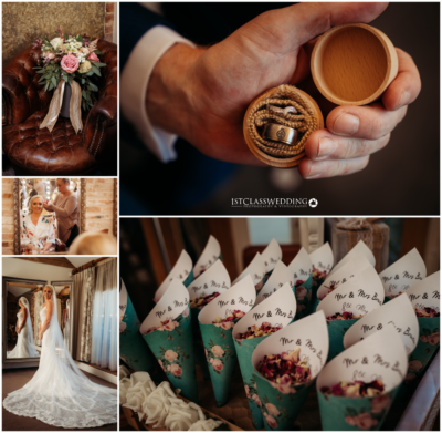 Elegant wedding details and preparations collage.