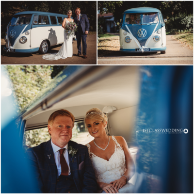 Couple with vintage VW camper van at wedding.