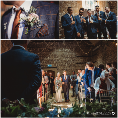 Wedding ceremony in rustic venue with bridal couple and guests.