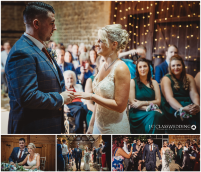 Couple exchanging vows at rustic wedding ceremony.