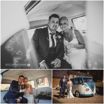 Newlyweds with vintage VW campervan at wedding.