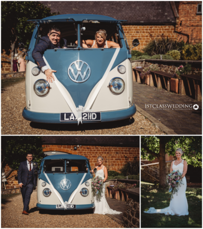 Bride and groom with vintage VW camper van at wedding.
