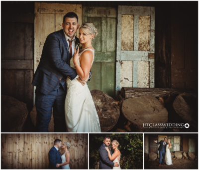 Bride and groom playful rustic wedding photo collage