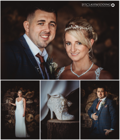 Wedding couple portrait and details collage.