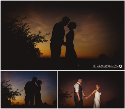 Couple's silhouette at sunset, romantic wedding photography.