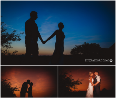 Couple's silhouette during sunset wedding photoshoot.