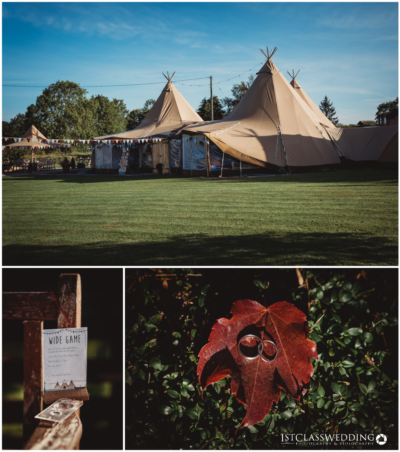 Outdoor wedding tipis and rings on autumn leaf.