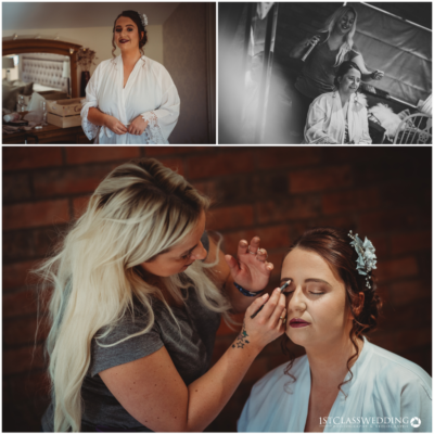 Bride preparation, makeup artist at work, wedding morning