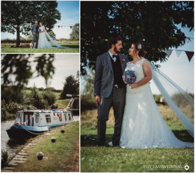 Wedding couple and boat by country riverside.