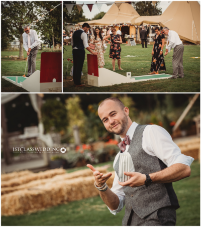 Outdoor wedding with guests playing mini-golf and smiling.