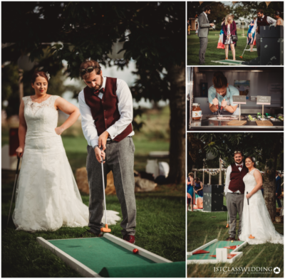 Bride and groom playing mini-golf on wedding day.