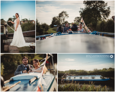 Bride and groom enjoying canal boat wedding day