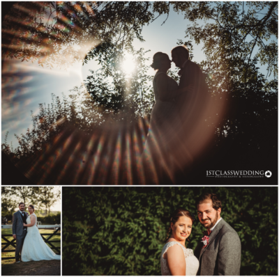 Couple silhouette and portrait at sunset wedding.