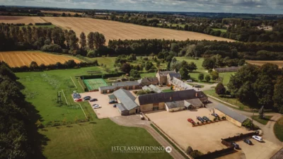 Aerial view of rural English countryside estate and farm.
