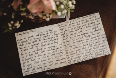 Handwritten love letter and wedding flowers on table.