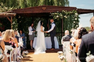 Outdoor wedding ceremony with couple exchanging vows.