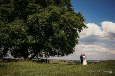 Couple in wedding attire embracing in rural scenic landscape.