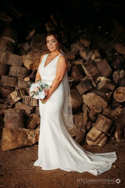 Bride with bouquet against woodpile background.