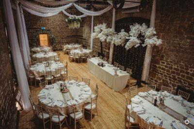 Elegant wedding reception hall with decorated tables