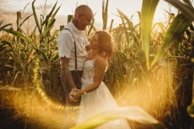 Couple embracing in sunset-lit cornfield.
