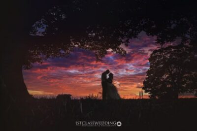 Couple silhouetted against vibrant sunset sky.