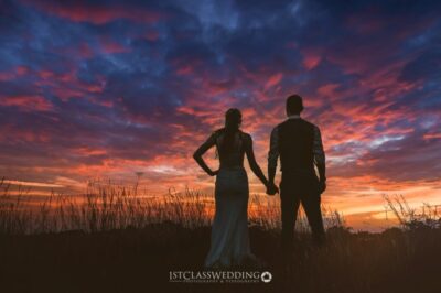 Couple holding hands at sunset, wedding silhouette.