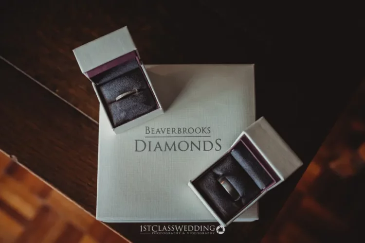 Wedding rings in boxes on Beaverbrooks Diamonds brochure.