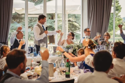 Wedding toast celebration with guests raising glasses.