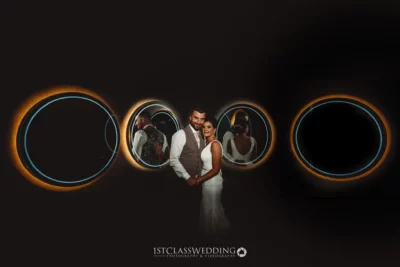 Couple posing for creative wedding photography with ring lights.