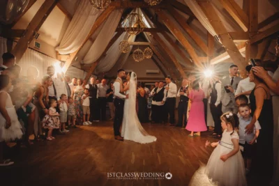 Bride and groom's first dance at rustic wedding.