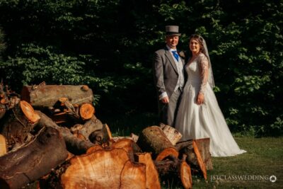 Wedding couple posing near woodpile in garden setting.