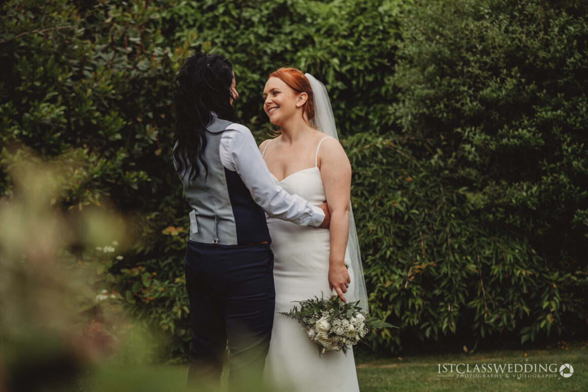 two brides at curradine barns wedding venue