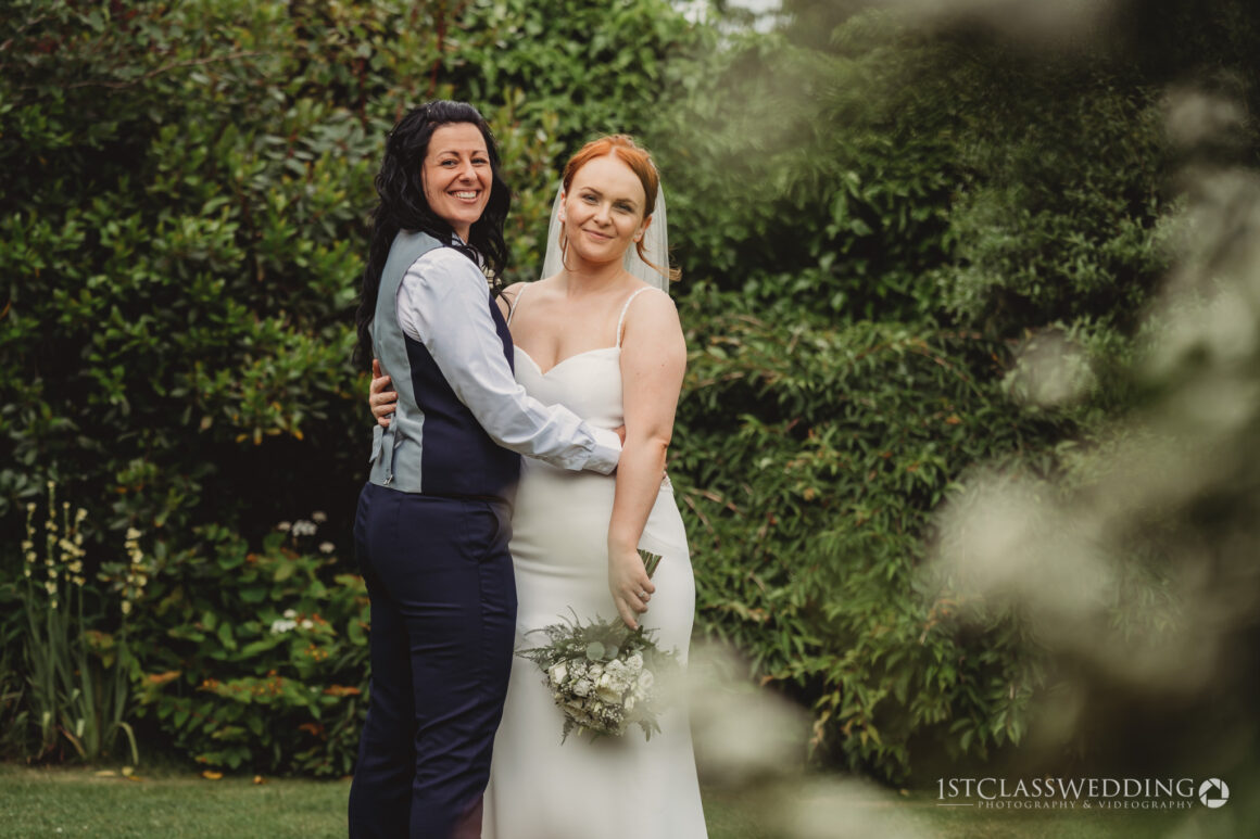 two brides at curradine barns wedding venue
