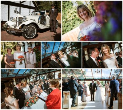 Vintage wedding, classic car, happy couple, and guests.